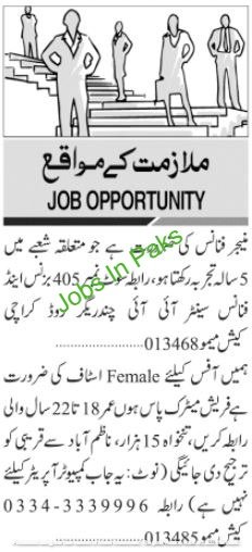 Latest Manager Finance And Female Office Staff Jobs 2024 In Karachi